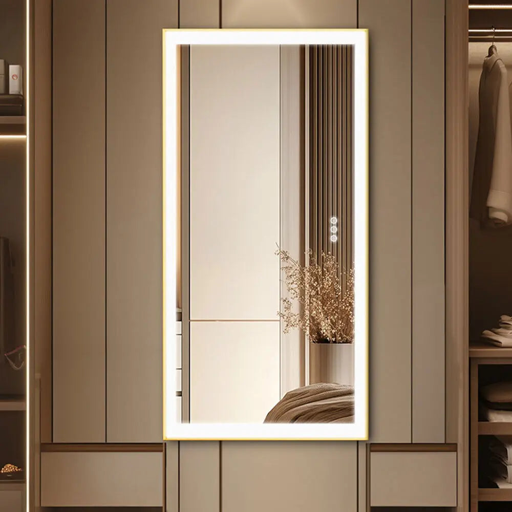 Large LED Bathroom Mirror Rectangular Wall Vanity Mirror with Colour Illuminated Dimmable Antifog Golden Frame IP56 Rated 1400mm