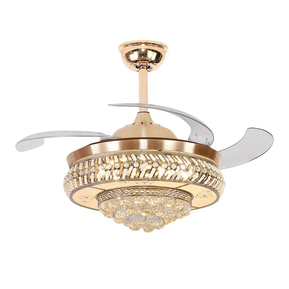 OUKANING Modern Crystal Invisible Ceiling Fan Light With Remote Control Chandelier For Living Room Application