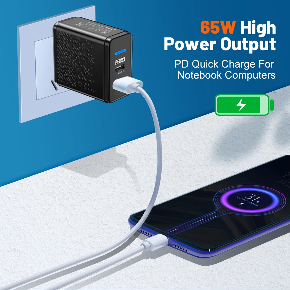 65W USB C Charger PD QC 3.0 Type C USB Fast Charging Wall Adapter For iPhone 14 Xiao mi Samsung Macbook Quick Phone Charger