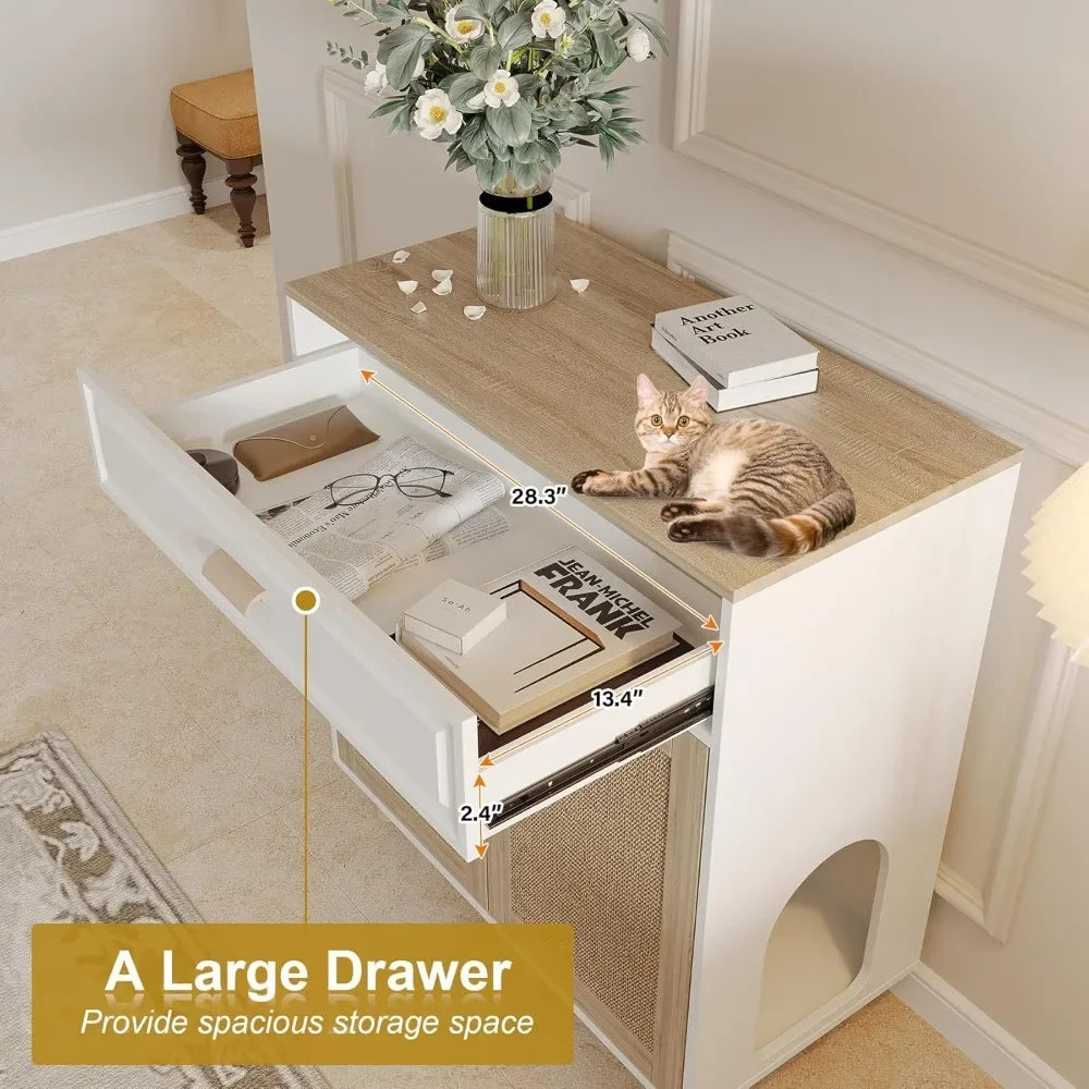 Cat Litter Box Enclosure Furniture Hidden Indoor 2-in-1 Wooden Cat House & Washroom Cabinet w/ Scratching Board Doors and Drawer
