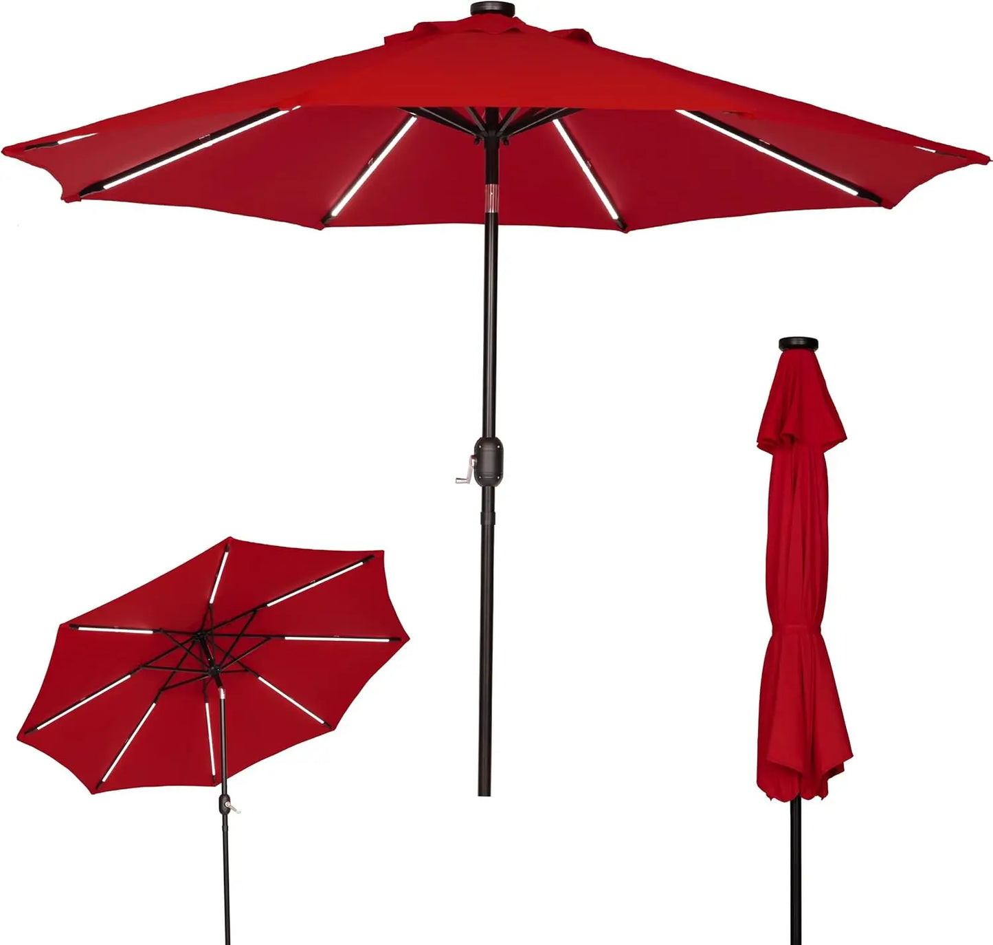 9FT Outdoor Solar LED Lighted Patio Umbrella with 8 LED Strip Lights & 8 Ribs, Convenient Crank Lift System