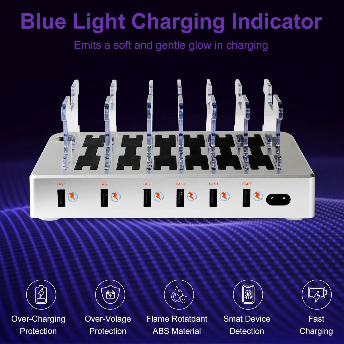 6 Port Multi USB Charging Station for Multiple Devices Designed for iPhone iPad Cell Phone Tablets (White, 6 Mixed Short Cables