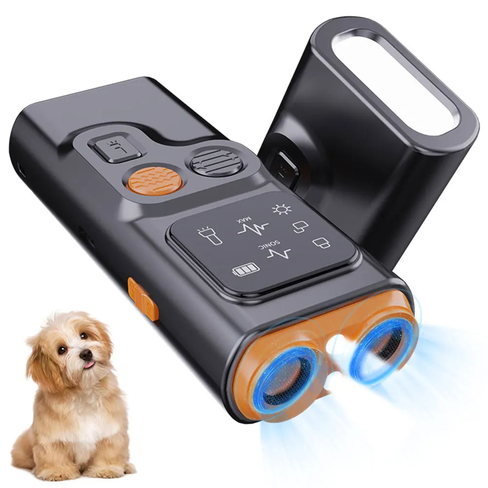 Rechargeable Sonic Anti Dog Bark Deterrent Device with Dual Ultrasonic Emitter LED Flashlight Shock Bark Collar Alternative