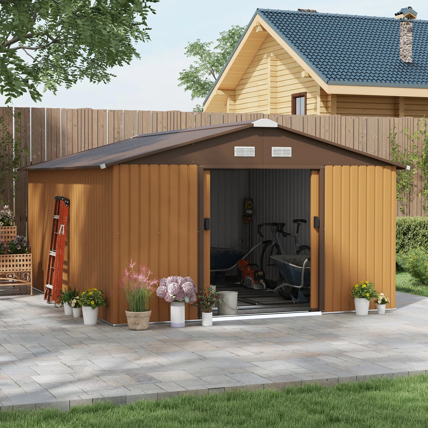 13' X 11' Steel Outdoor Utility Storage Tool Shed for Backyard Garden, Yellow