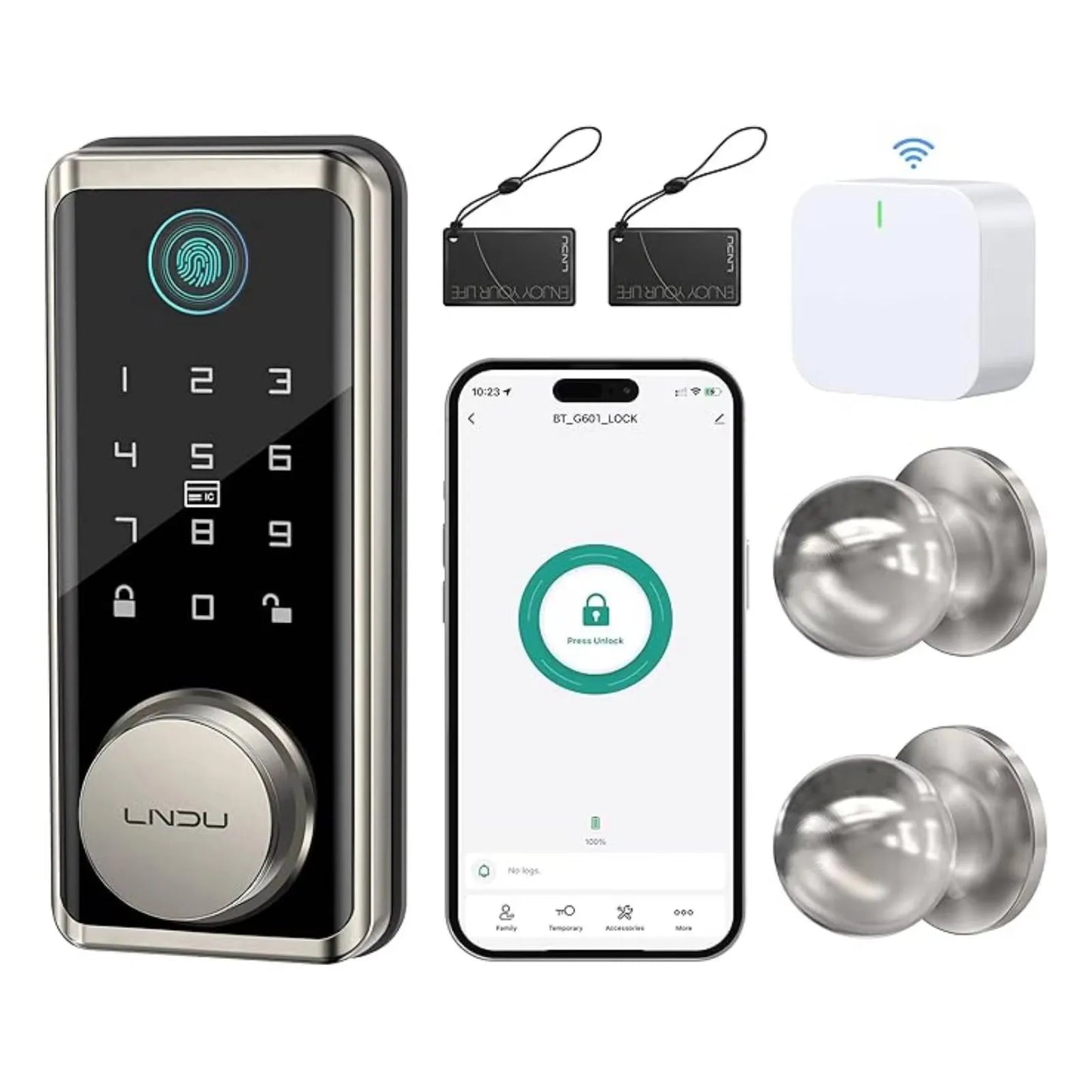 LNDU Smart Lock G601N 2.4GHz WiFi Keyless Entry Smart Door Lock with Handle Set 360° Live Fingerprint Fob Unlock Home Security