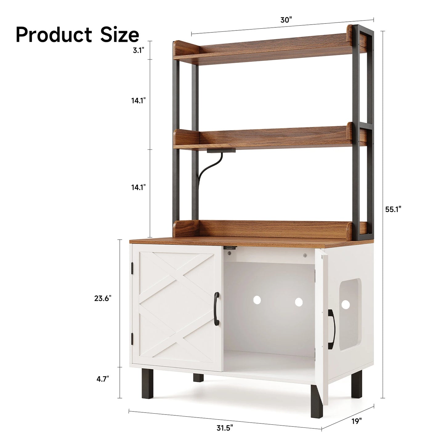 55 Inches Cat Litter Box Enclosure with 2 Storage Shelves and Charging Sockets, Hidden Litter Box Furniture, Wooden Cat House