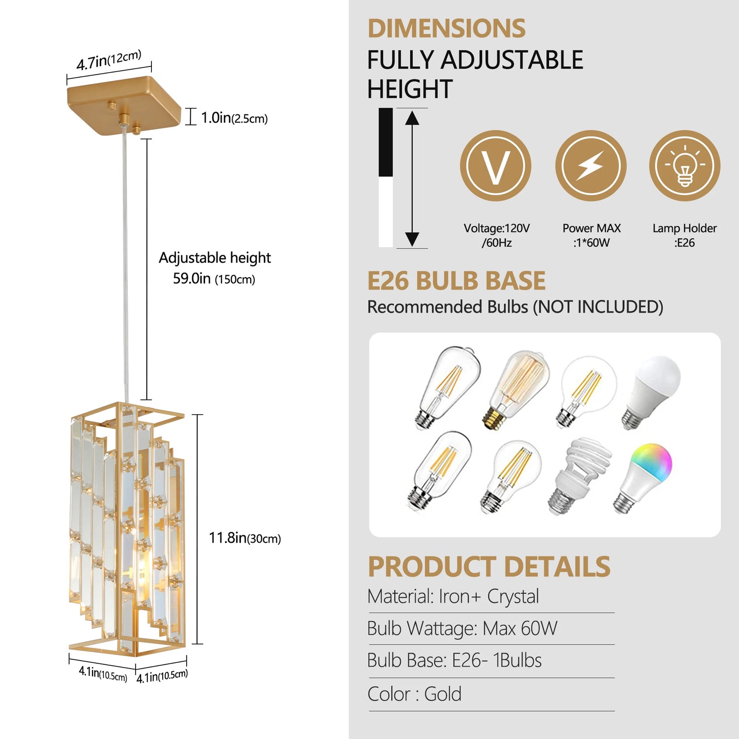 Modern Crystal Pendant Light - 3 Pack, Adjustable Hanging Ceiling Lamp with Crystal Prism Design -Golden Finish