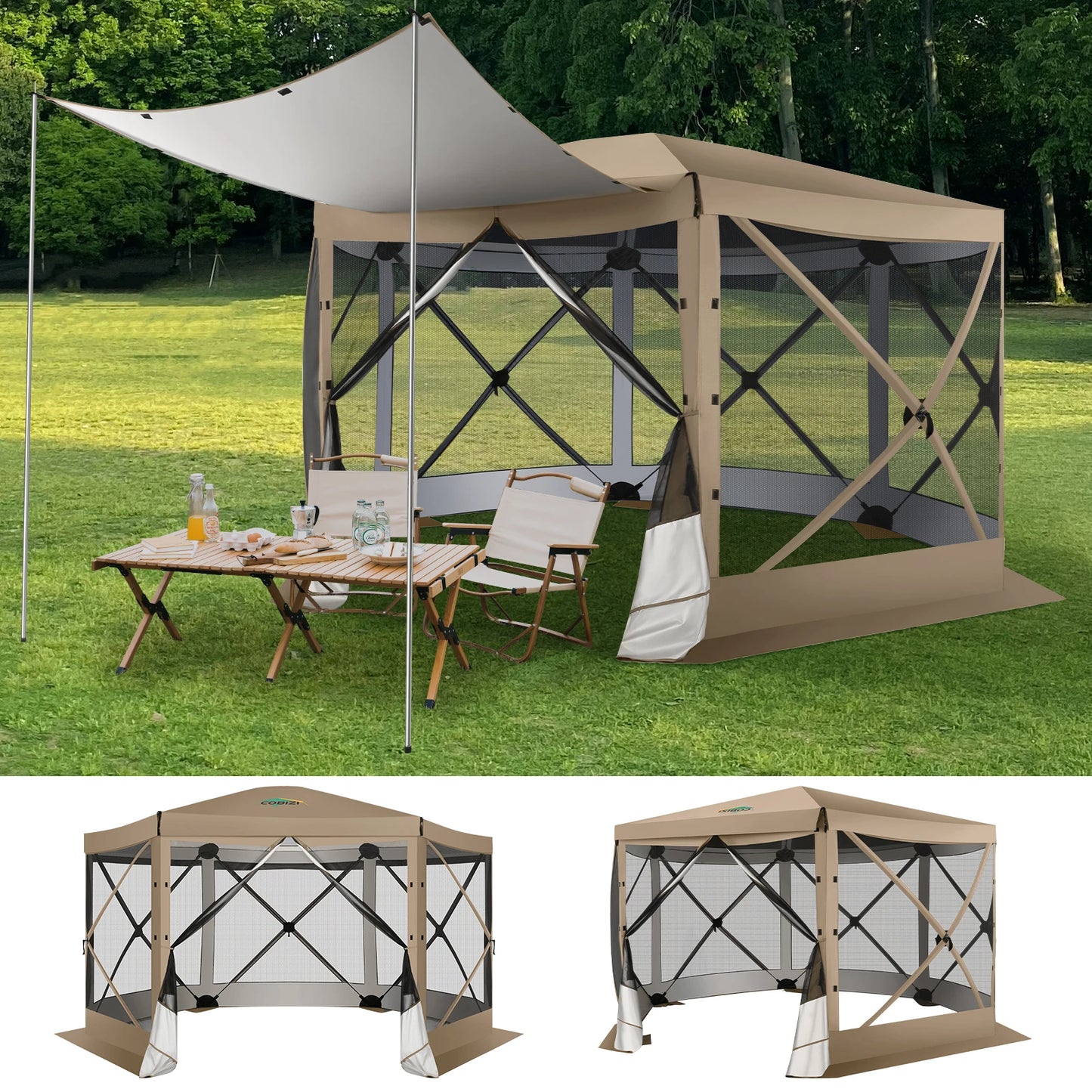 Pop Up Gazebo 12'x12' 6-Sided Screen House Tent for Camping, Outdoor Instant Stargazing Gazebo Canopy with Awning 2.0 ,Hub Tent