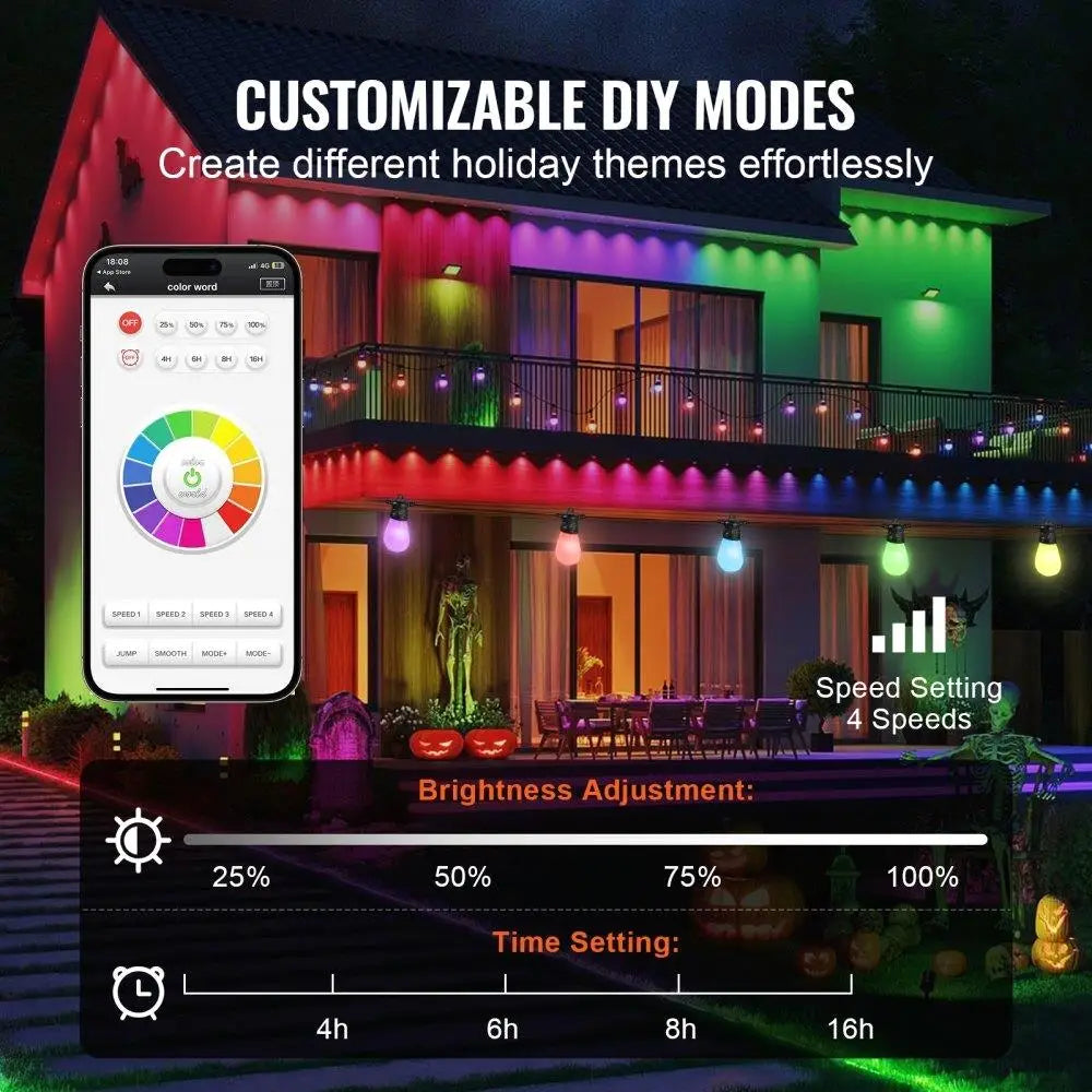 100FT RGB Outdoor String Lights Waterproof APP Controlled Patio Lighting