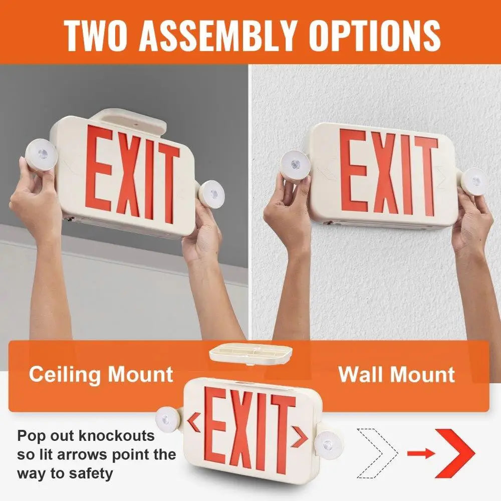 Exit Sign with Emergency Lights, Two Adjustable Heads Emergency Exit Light with Battery Backup, Combo Red Letter Fire