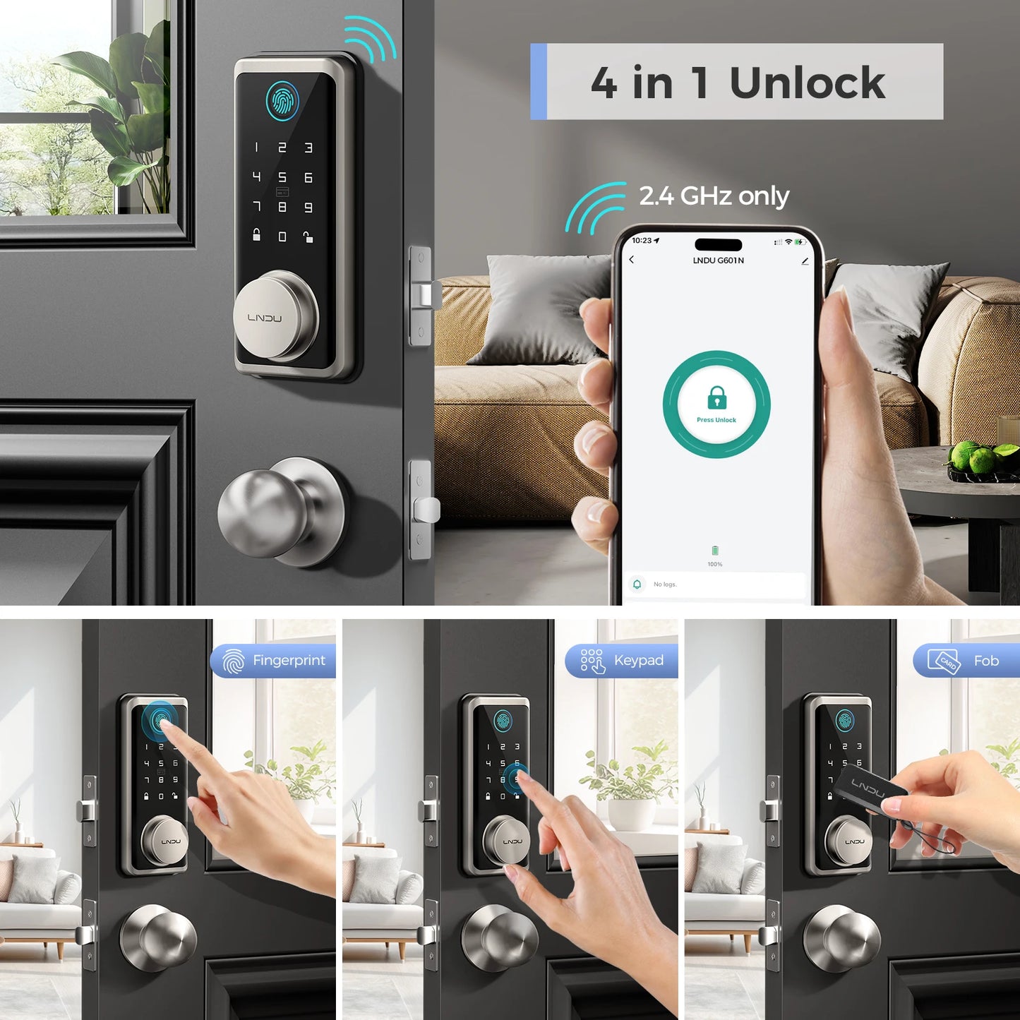 LNDU Smart Lock G601N 2.4GHz WiFi Keyless Entry Smart Door Lock with Handle Set 360° Live Fingerprint Fob Unlock Home Security