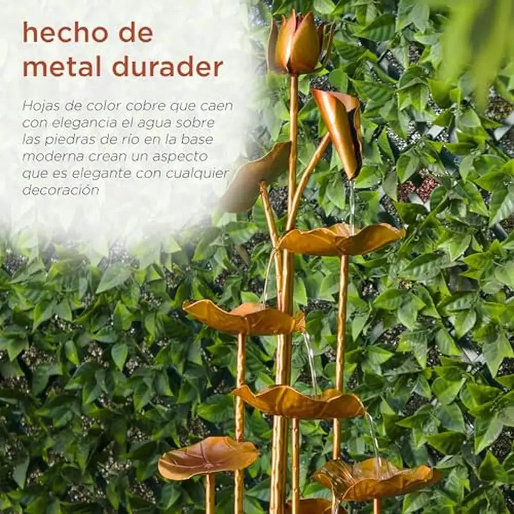 Modern Metal Leaf Water Fountain with Stone-Filled Base Outdoor Multi-Tiered Cascading Water Feature 43" Gold Rust Resistant