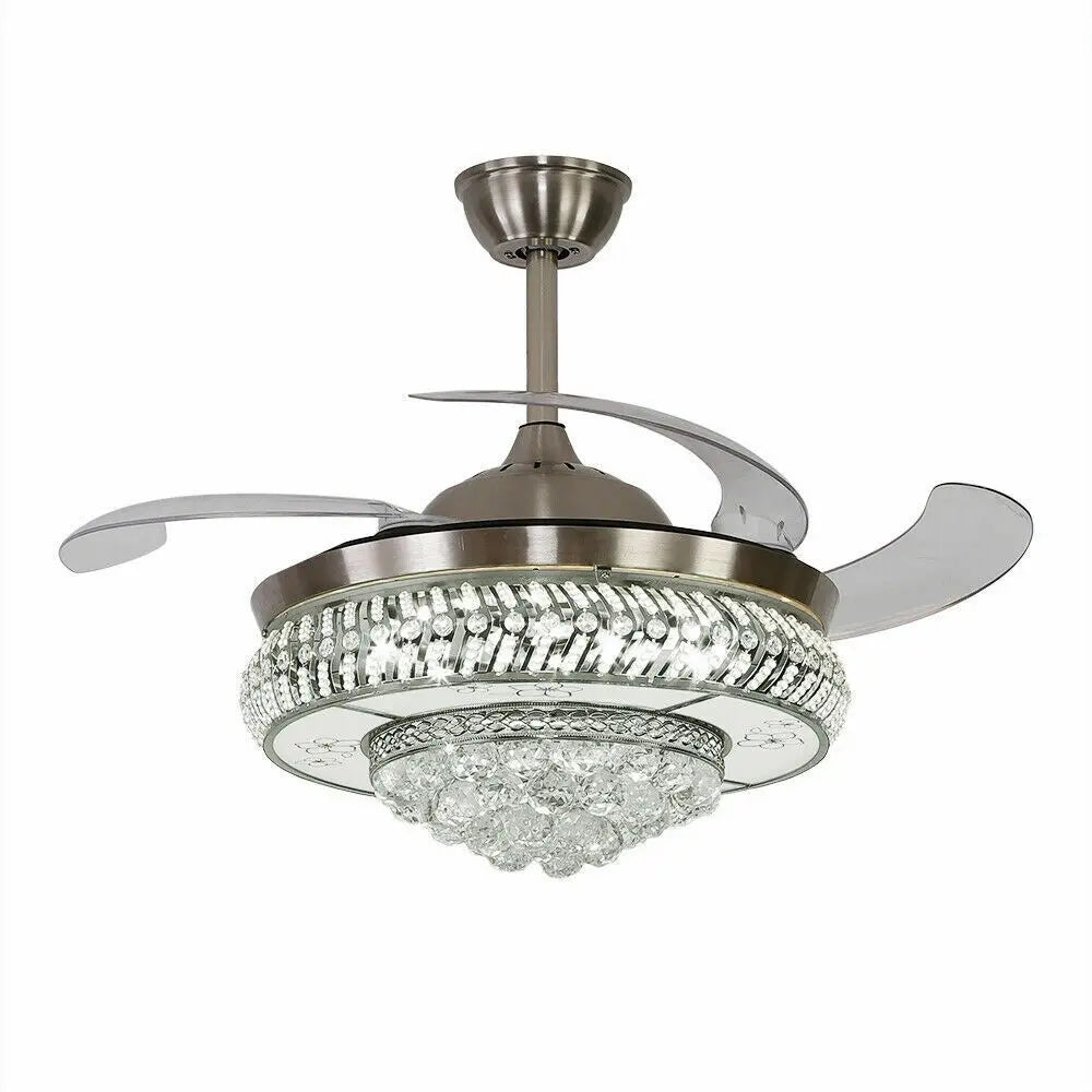 OUKANING Modern Crystal Invisible Ceiling Fan Light With Remote Control Chandelier For Living Room Application
