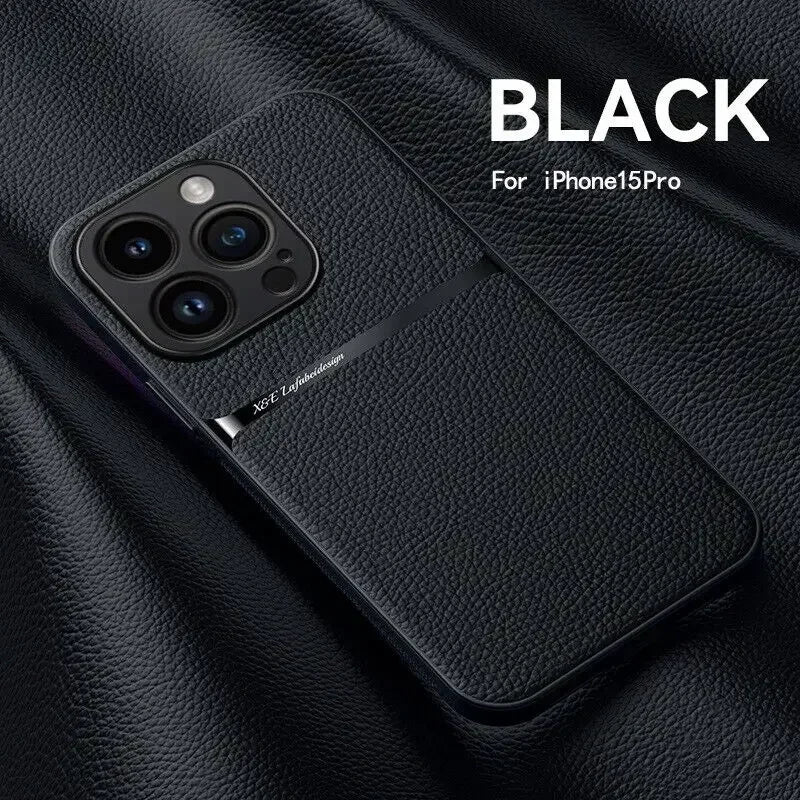Leather For Magsafe Magnetic Car Holder Phone Case For iPhone 16 15 14 13 12 Pro Max Luxury Matte Shockproof Cover