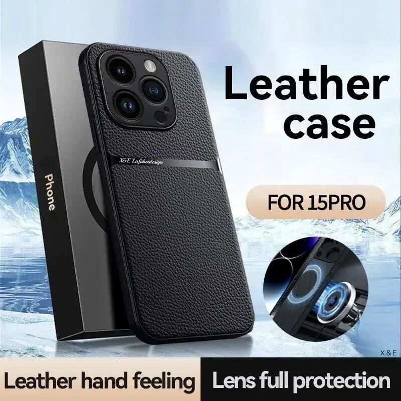 Leather For Magsafe Magnetic Car Holder Phone Case For iPhone 16 15 14 13 12 Pro Max Luxury Matte Shockproof Cover
