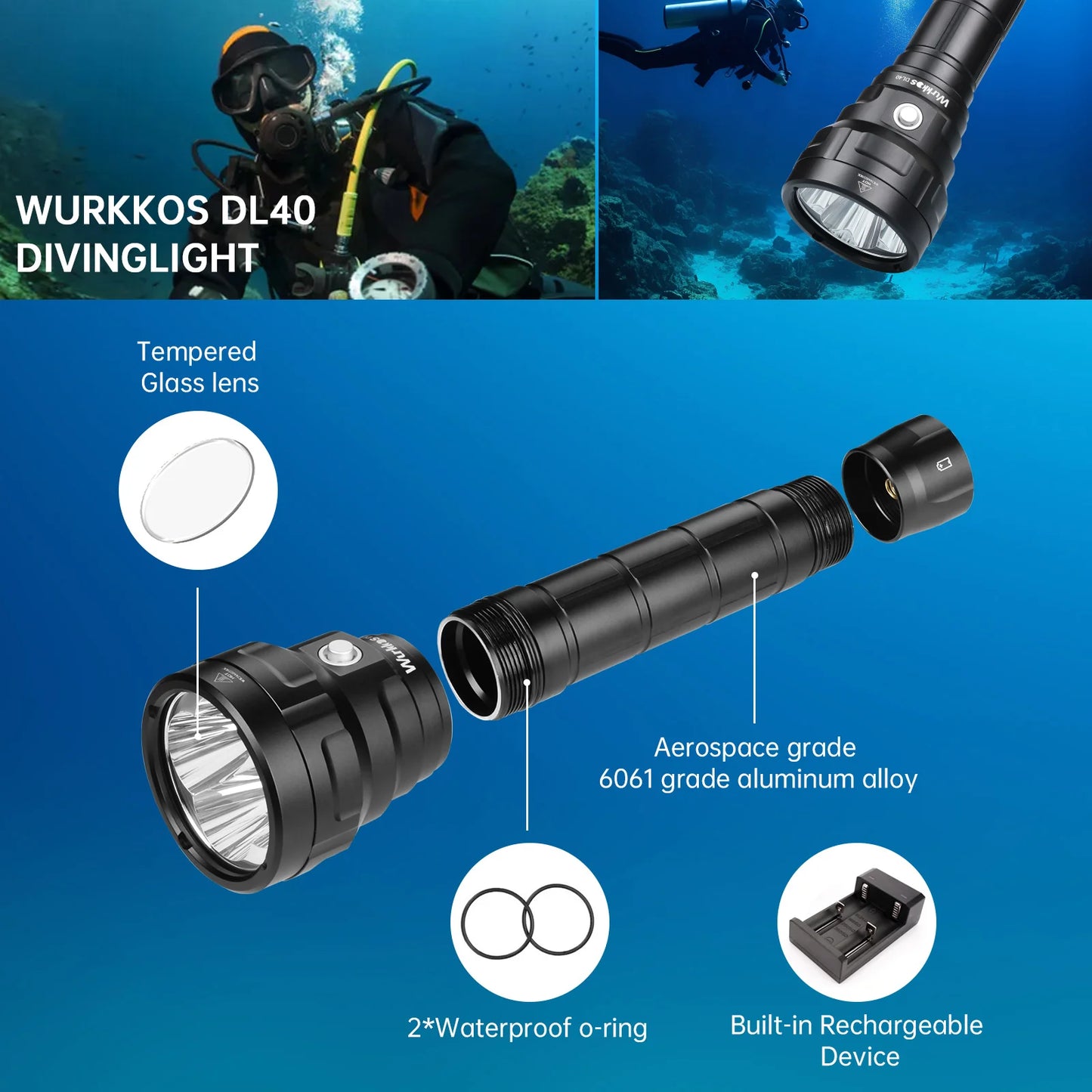 Wurkkos DL40 Powerful 5000 LM Diving Flashlight Dive light with 4*LH351D 90CRI 26650 IPX-8 Waterproof Underwater Torch Light
