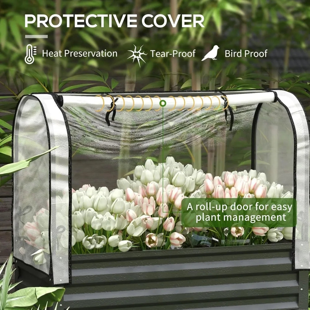 Outsunny Raised Garden Bed with Cover and Storage Shelf, Rectangular Metal Elevated Planter Box with Legs and Bed Liner