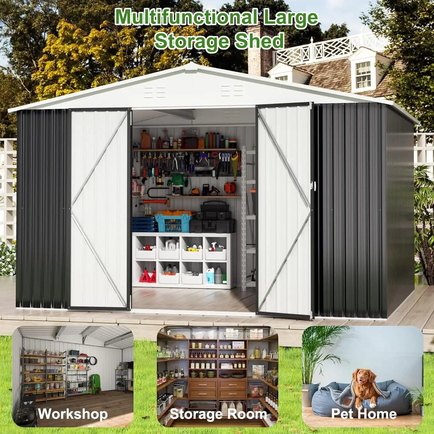 12x10 FT Outdoor Storage Shed, Garden Shed with Updated Frame Structure and Lockable Doors, White