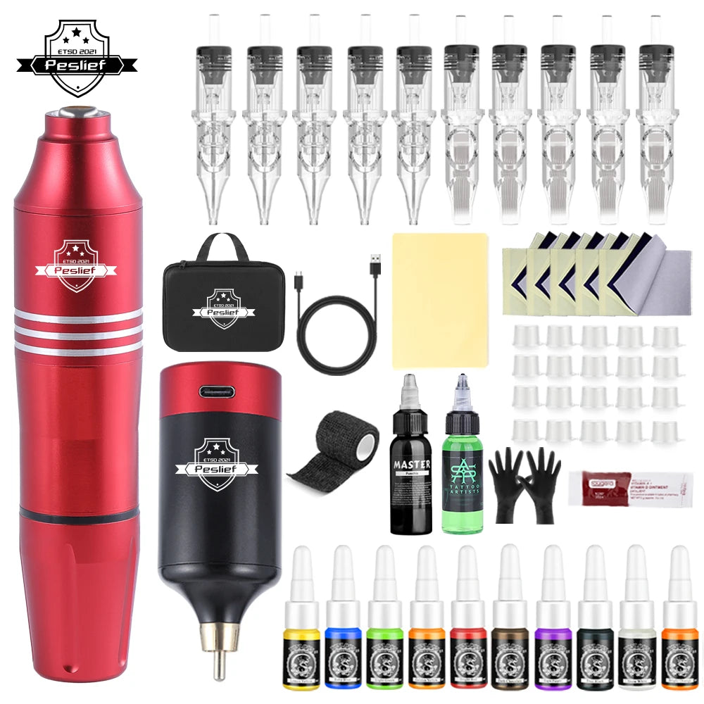 New 55 Pcs Tattoo Gun Kit Rotary Complete Tattoo Kit with Power Supply Mix 10 Piece Cartridge Needle for Beginners and Artists