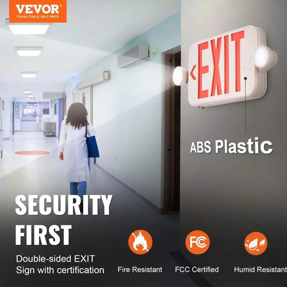 Exit Sign with Emergency Lights, Two Adjustable Heads Emergency Exit Light with Battery Backup, Combo Red Letter Fire