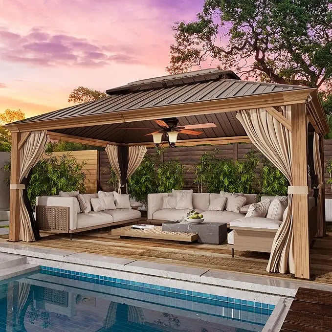 12x20 Gazebo, Hardtop Wood-Looking Gazebo with Curtains