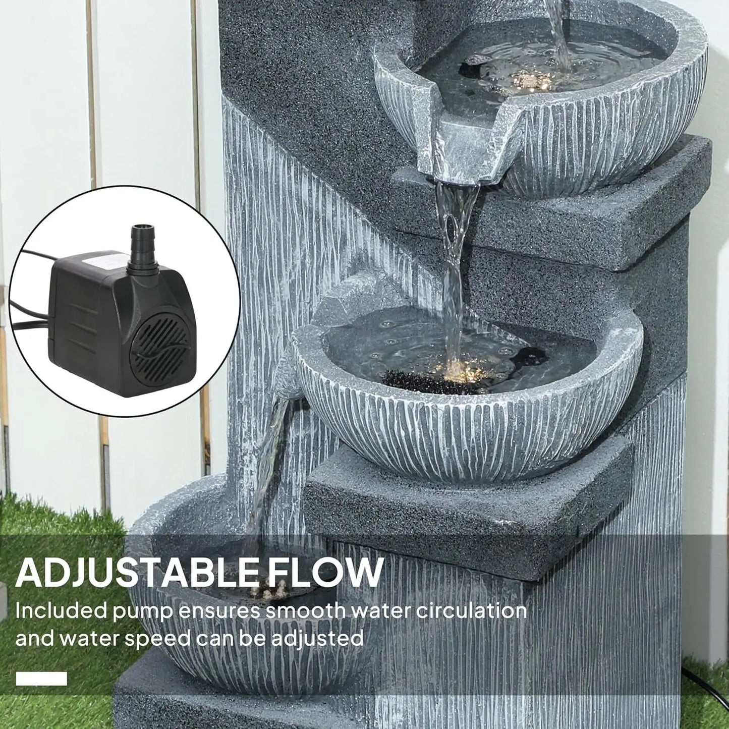 33.5" Tall Outdoor Water Fountain,4-Tier Floor Standing Resin Cascading Bowls Waterfall Fountain with LED Lights,Pump for Garden