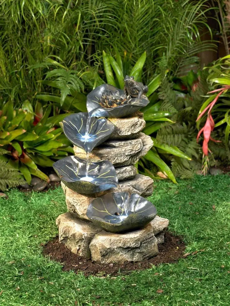 Frog and Four Lily Pad Rustic Outdoor Fountain 21 Inch High