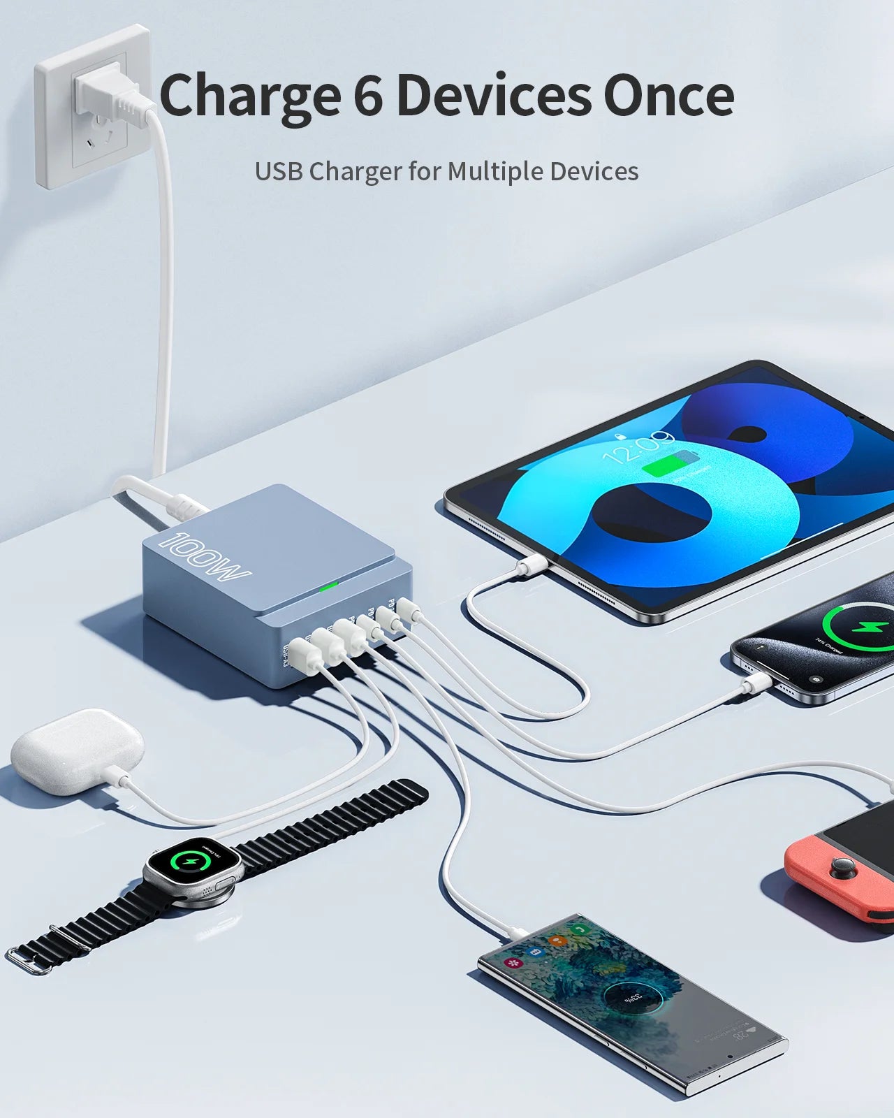 100W 6-Port GaN Fast Charging Hub - PD 3.0 Type C and USB A Charging Case - For Cell Phones, Tablets, and Laptops - Blue