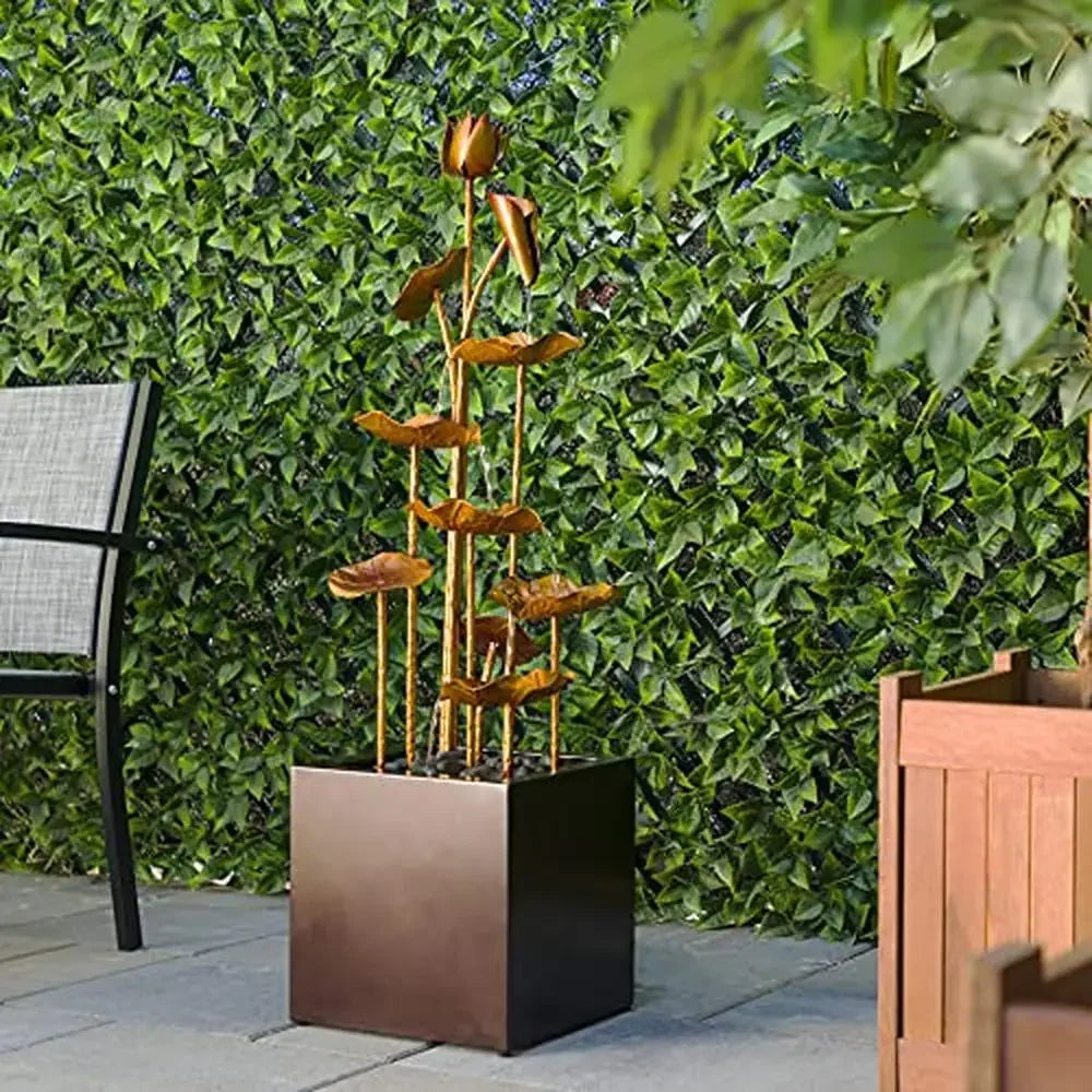 Modern Metal Leaf Water Fountain with Stone-Filled Base Outdoor Multi-Tiered Cascading Water Feature 43" Gold Rust Resistant