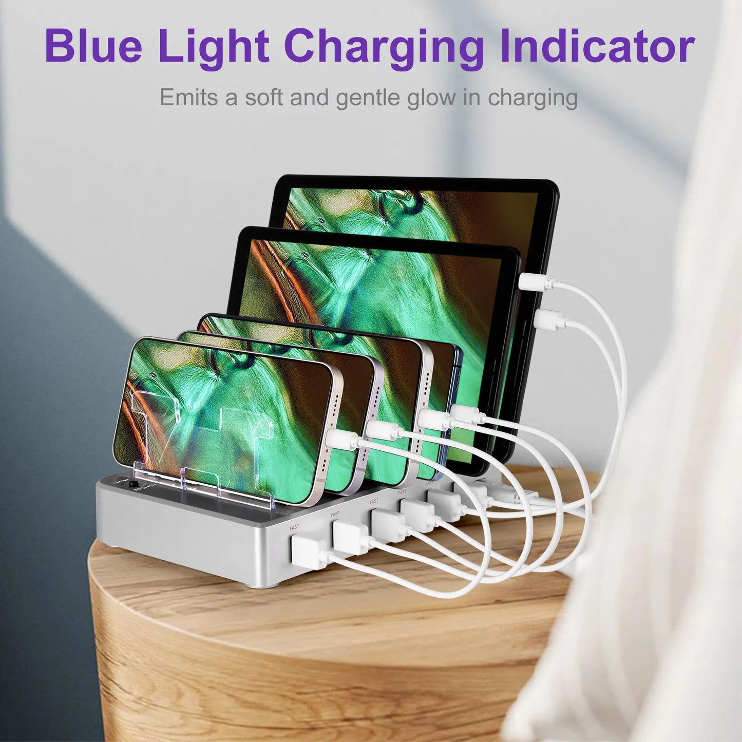 6 Port Multi USB Charging Station for Multiple Devices Designed for iPhone iPad Cell Phone Tablets (White, 6 Mixed Short Cables
