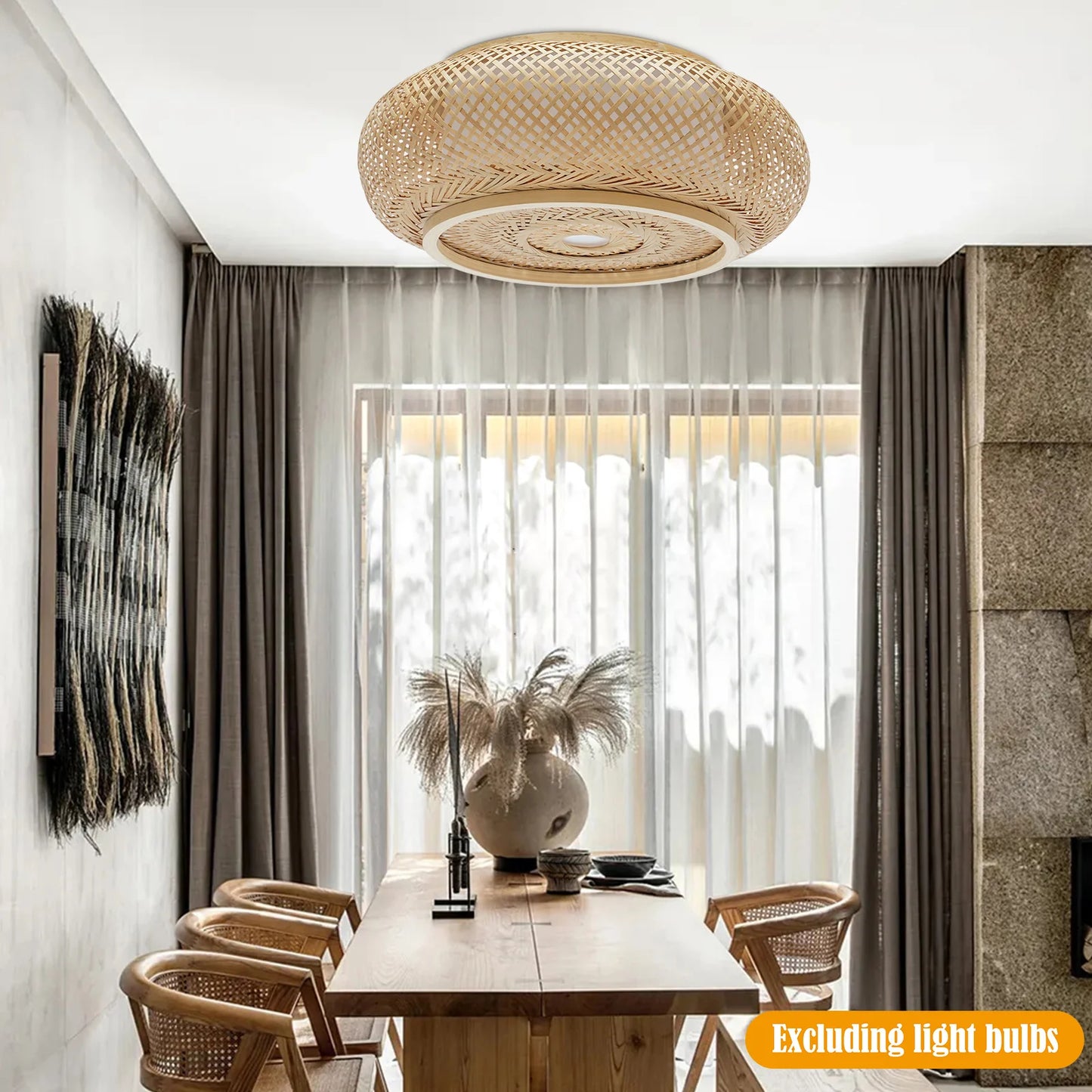 Bamboo Flush Mount Ceiling Light Rustic Rattan Ceiling Fixture Hanging Lamp Flush Mount Ceiling Light 110V 3*E26 Bulbs