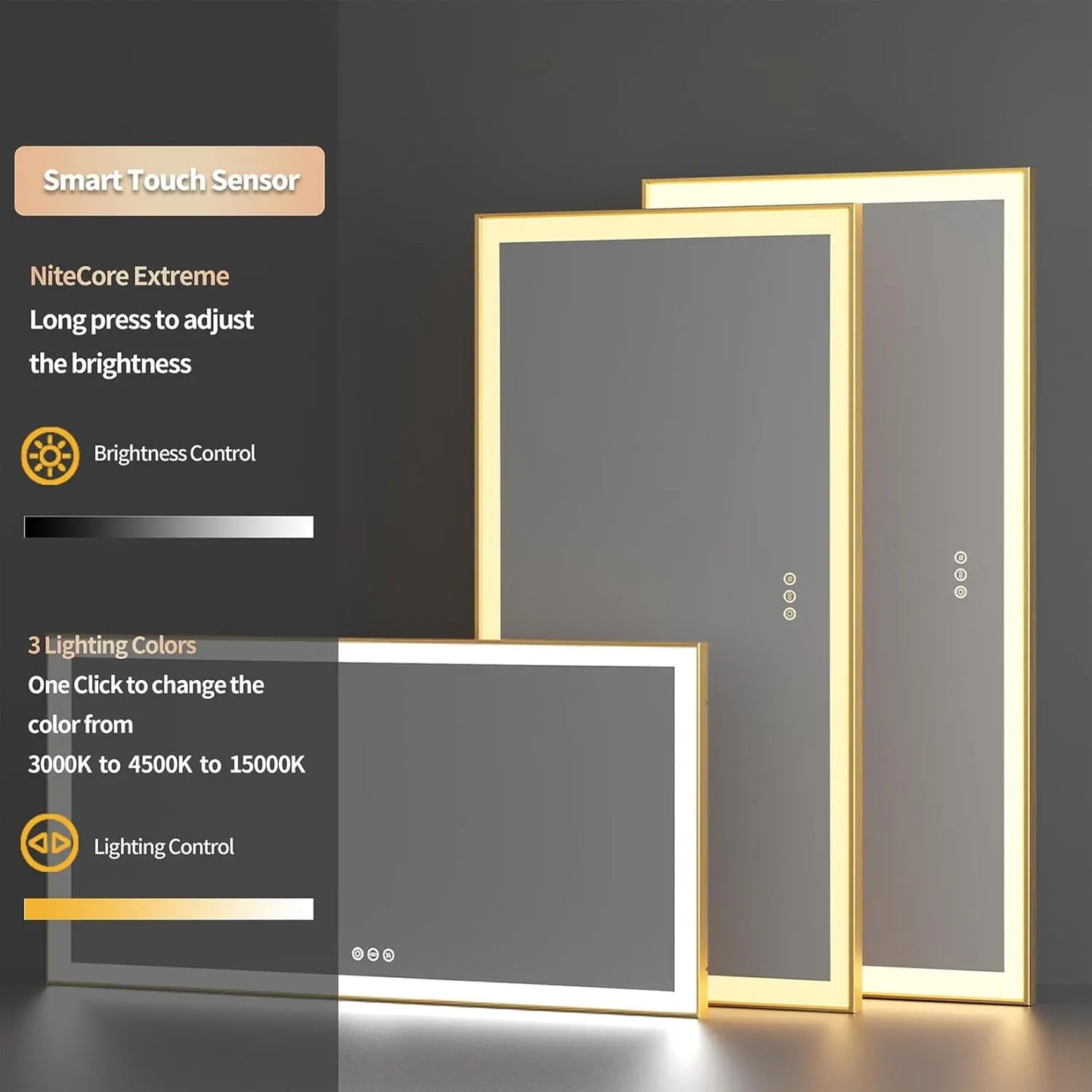 Large LED Bathroom Mirror Rectangular Wall Vanity Mirror with Colour Illuminated Dimmable Antifog Golden Frame IP56 Rated 1400mm