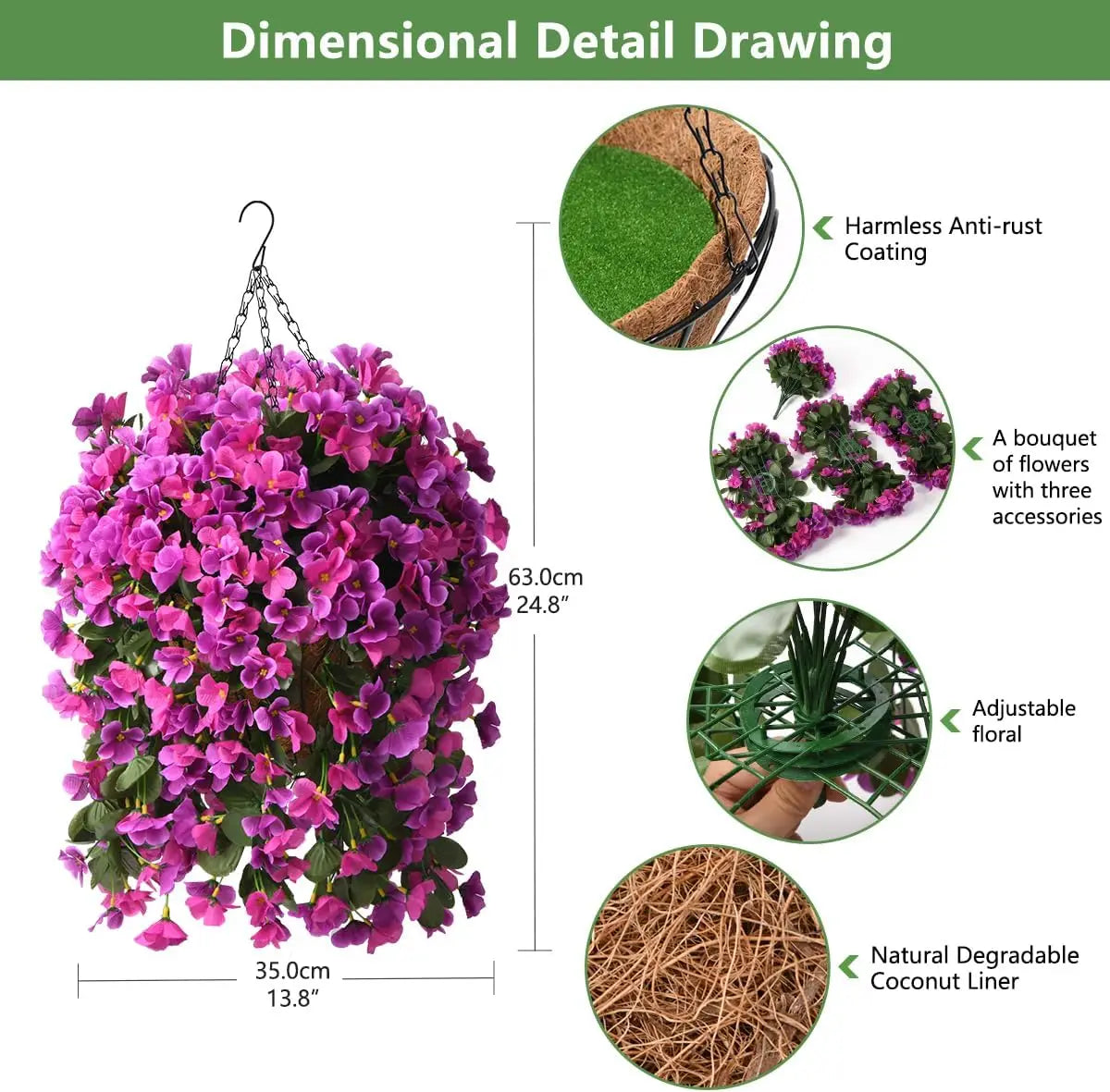 INQC Artificial Fake Hanging Plants Flowers Basket for Summer Outdoor Outside Decoration,Faux Silk Begonia Flower in Planter