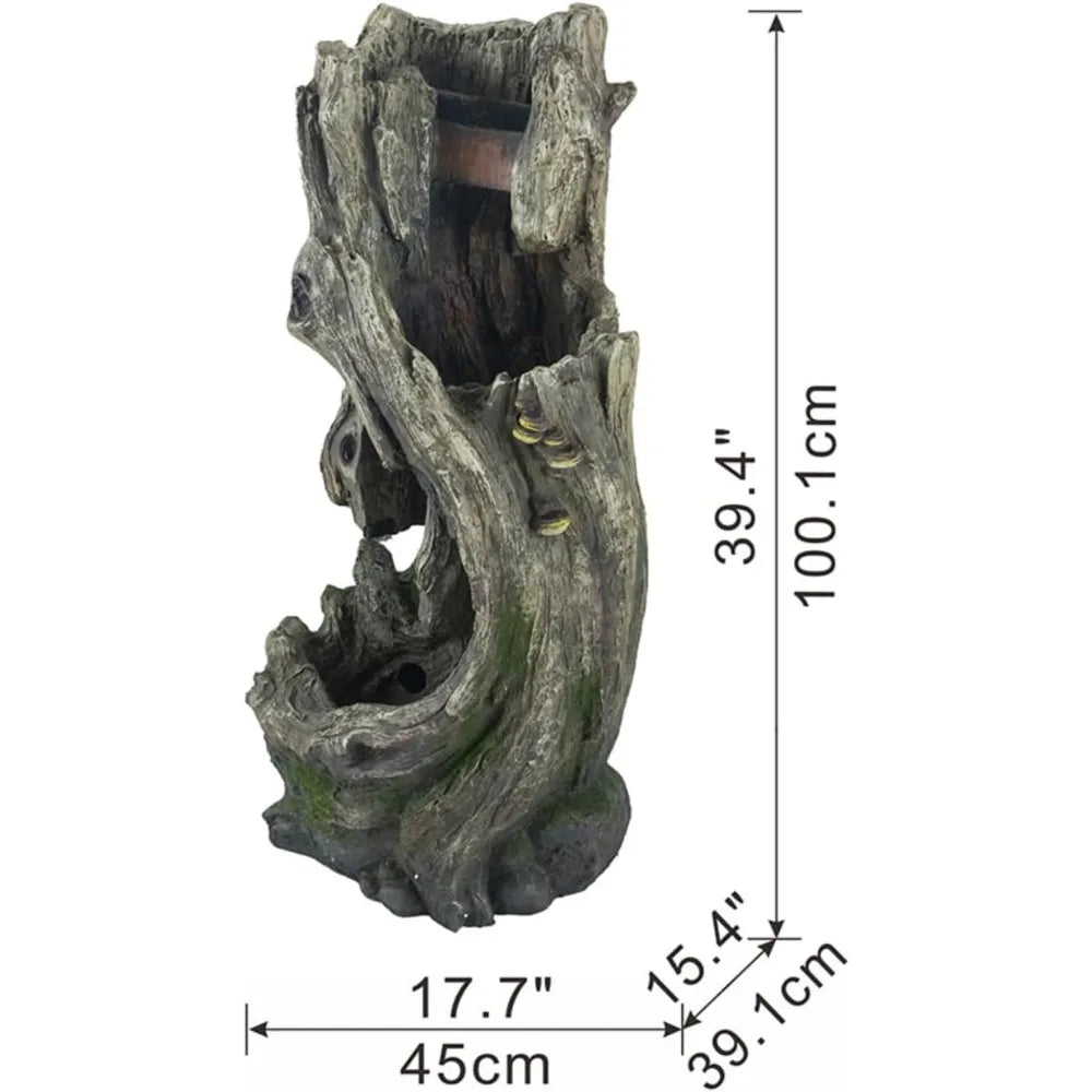 17.5x15.5x39.5 Indoor Outdoor Tree Trunk Fountain, Polyresin Floor Standing Waterfall Fountain with Light, Natural Water Feature