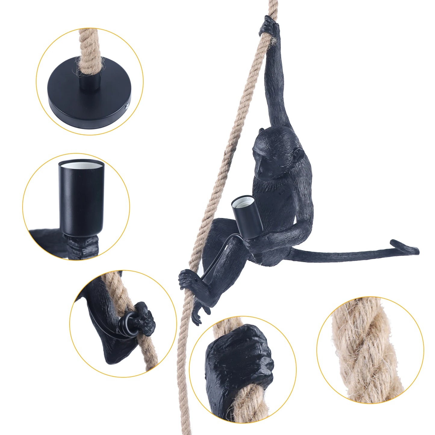 Monkey Pendant Lamp Monkey Shaped Ceiling Lamp Hemp Rope Chandelier Creative Resin Light for Home Office Bedroom Décor