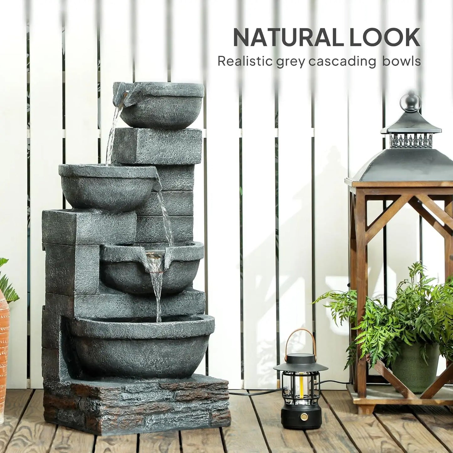30" Tall Outdoor Waterfall Fountain with LED Lights, 4-Tier Resin Cascading Water Bowls with Pump, Gray