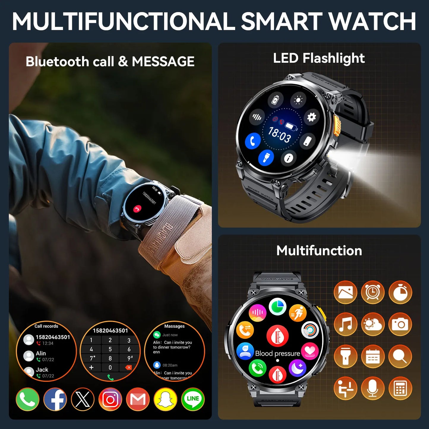 LaNikar Smart Watches for Men with 730mAh Large Battery 1.85’’ Big Screen LED Flashlight Rugged Smartwatch with for iOS Android