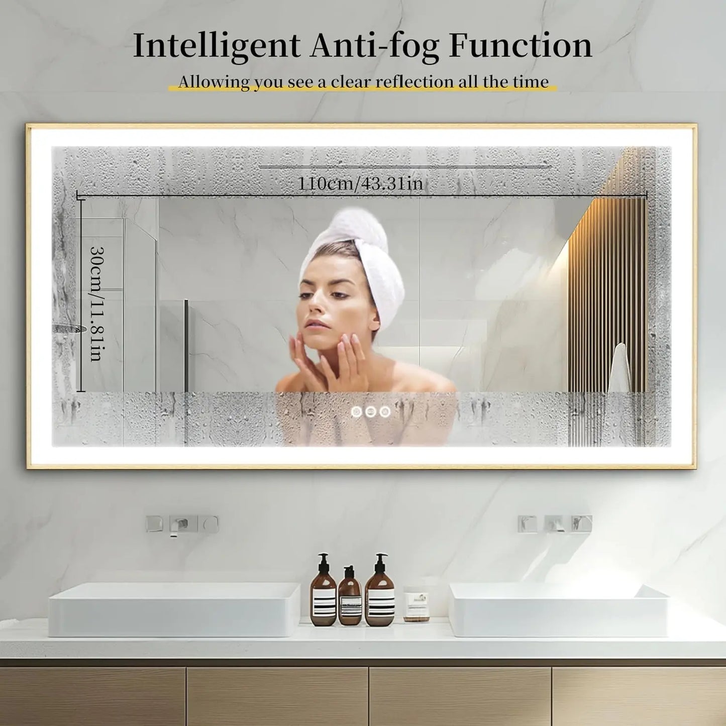 Large LED Bathroom Mirror Rectangular Wall Vanity Mirror with Colour Illuminated Dimmable Antifog Golden Frame IP56 Rated 1400mm