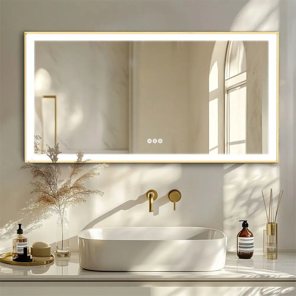 Large LED Bathroom Mirror Rectangular Wall Vanity Mirror with Colour Illuminated Dimmable Antifog Golden Frame IP56 Rated 1400mm