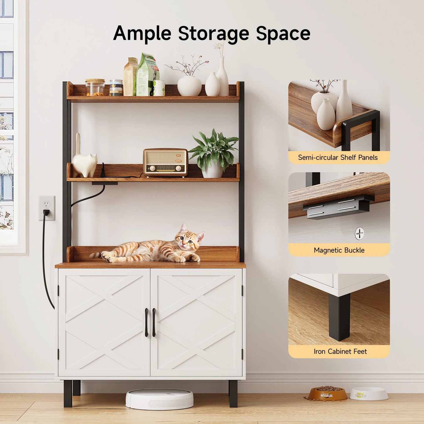 55 Inches Cat Litter Box Enclosure with 2 Storage Shelves and Charging Sockets, Hidden Litter Box Furniture, Wooden Cat House