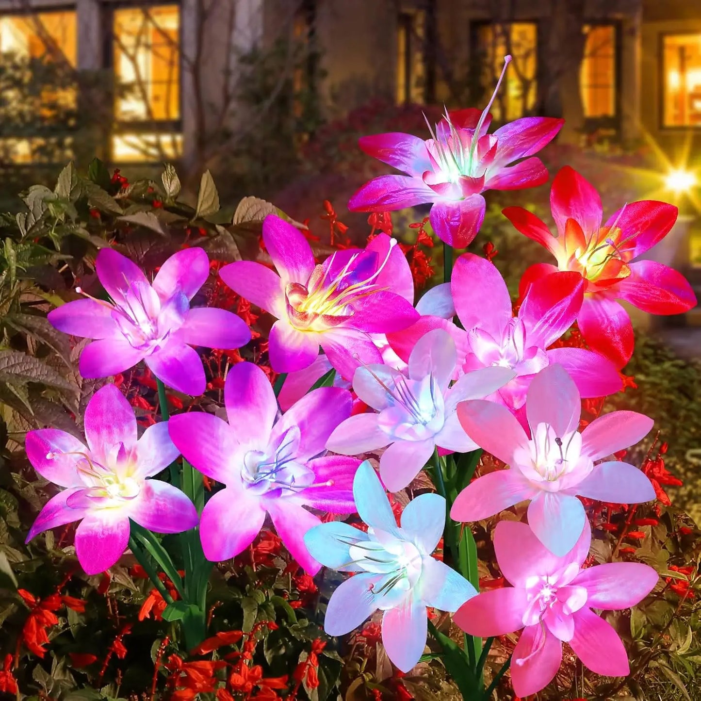 Upgraded Solar Lights 4-Pack | 24 RGB Blooming Lily + 7-Color Flower Lights | Yard/Patio Decor Gift