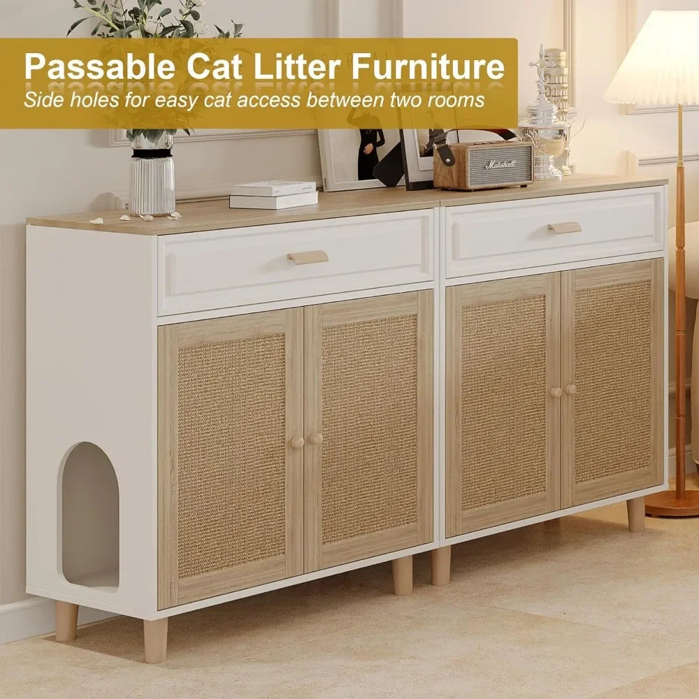 Cat Litter Box Enclosure Furniture Hidden Indoor 2-in-1 Wooden Cat House & Washroom Cabinet w/ Scratching Board Doors and Drawer