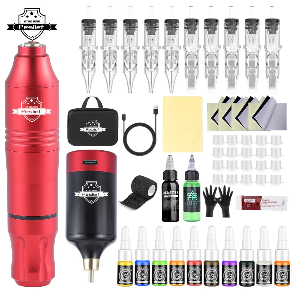 New 55 Pcs Tattoo Gun Kit Rotary Complete Tattoo Kit with Power Supply Mix 10 Piece Cartridge Needle for Beginners and Artists