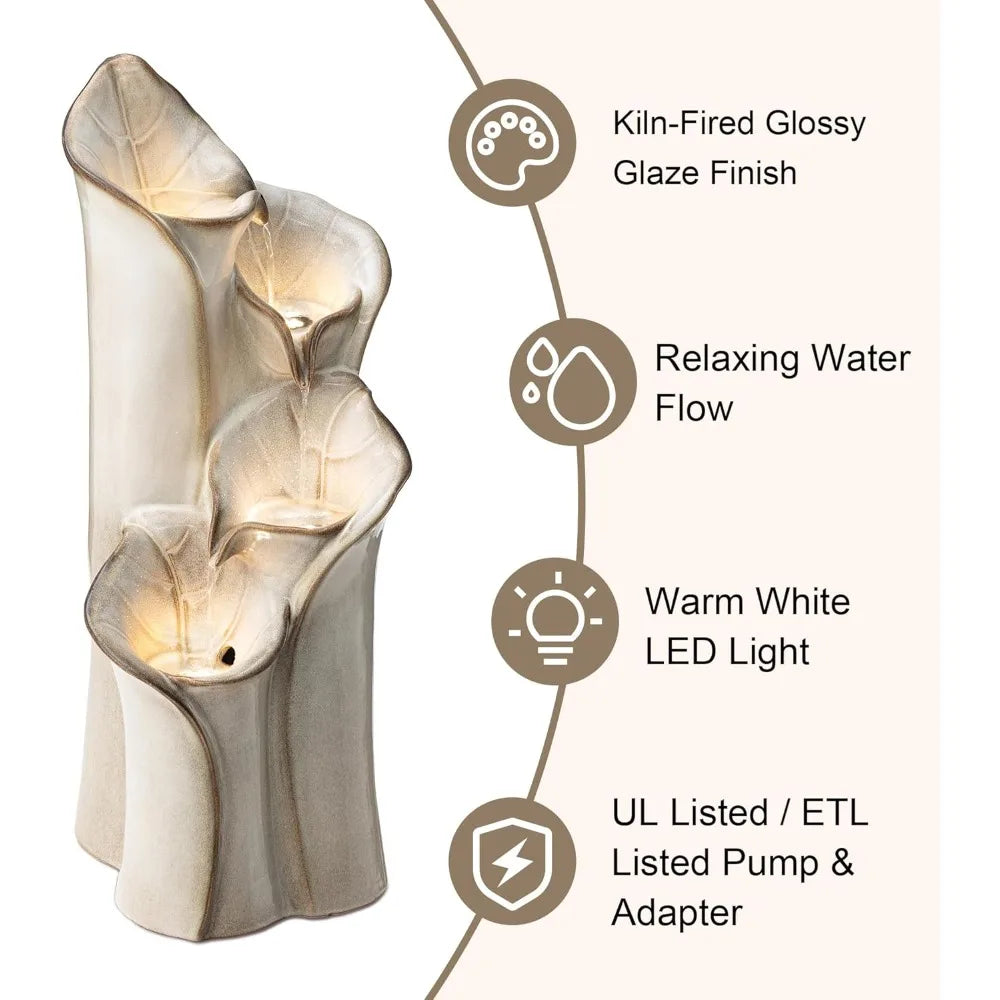 31.25" H Outdoor Water Fountain with LED Lights and Pump, 4 Tier Sand Beige Lotus Leaf Textured Ceramic Floor Standing Fountain