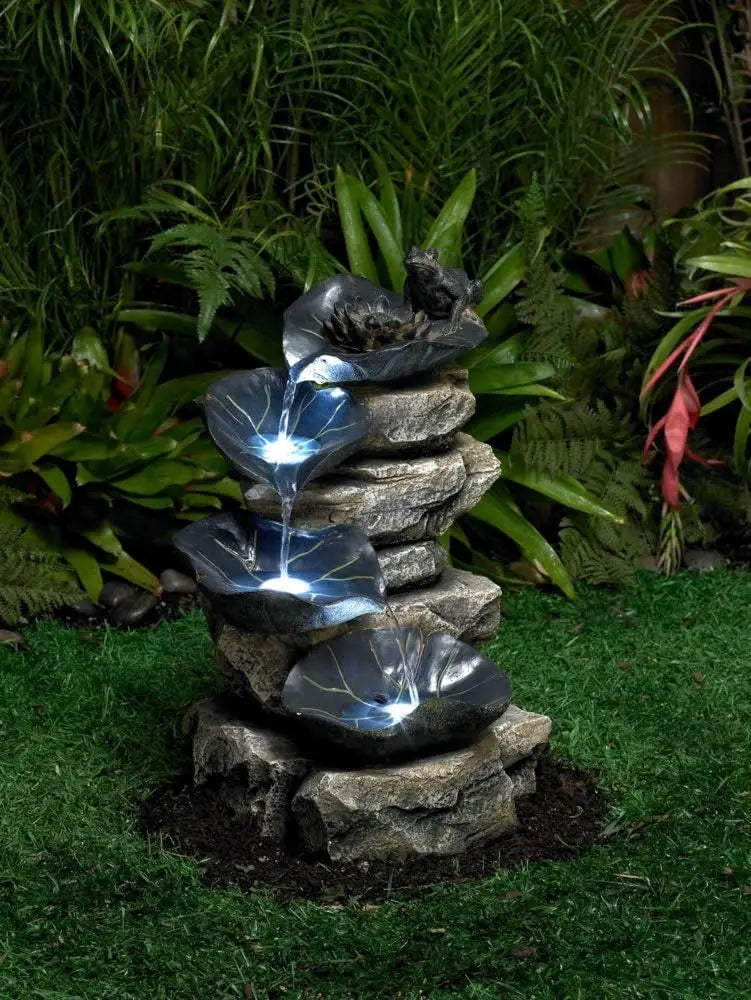 Frog and Four Lily Pad Rustic Outdoor Fountain 21 Inch High