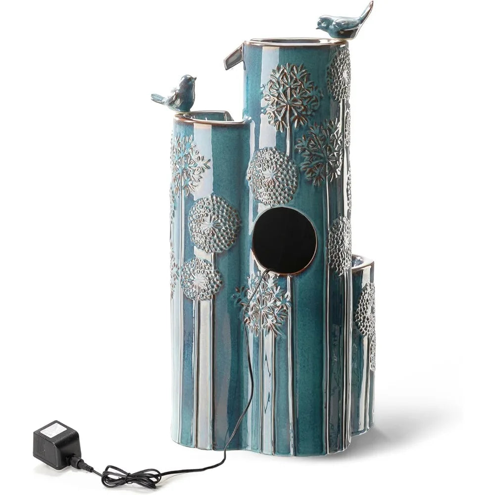 31.75" H Outdoor Water Fountain with LED Lights and Pump, 4 Tier Dandelion Texture Vase Shaped Ceramic Floor Standing Fountain