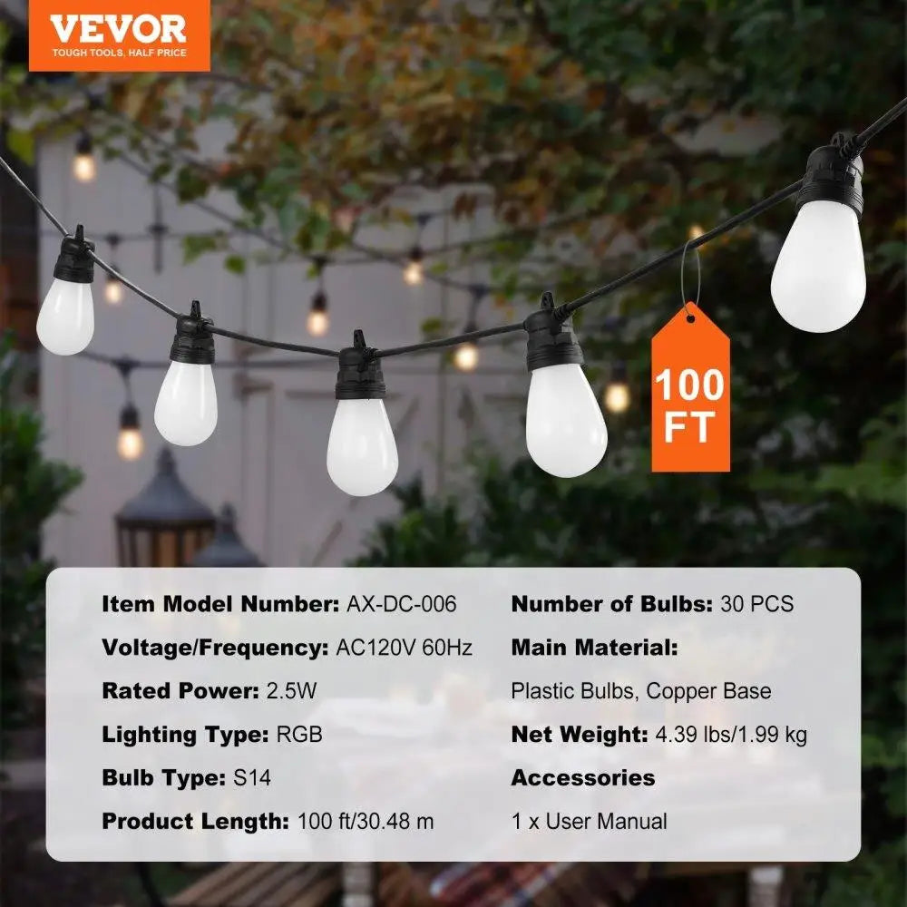 100FT RGB Outdoor String Lights Waterproof APP Controlled Patio Lighting