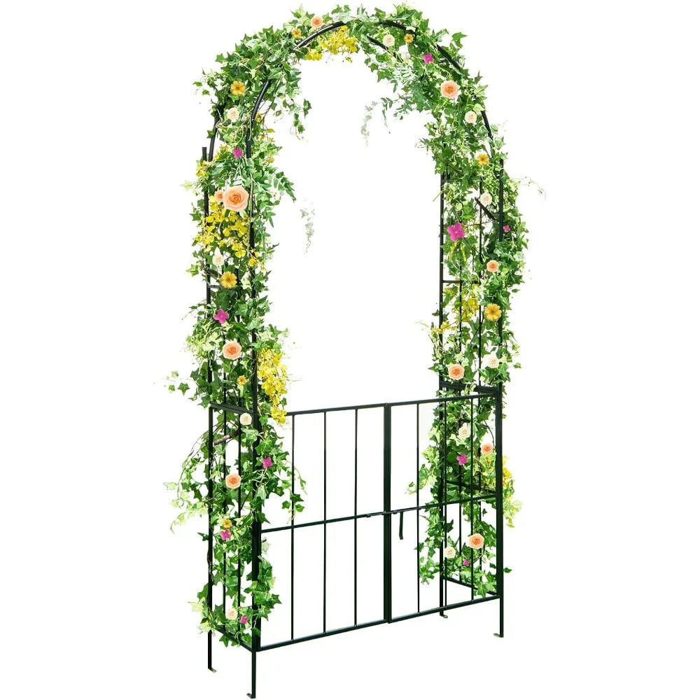 7.5Ft Garden Arbor with Gate Metal Garden Arch with Trellis for Climbing Plants Roses, Vines, Outdoor Garden Archway for Wedding