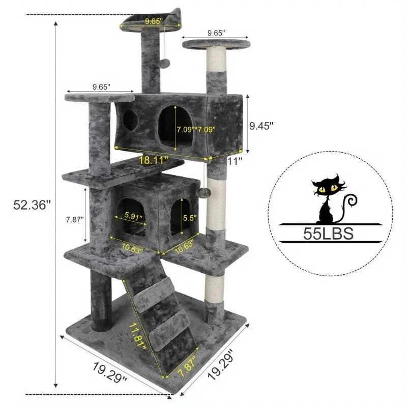 55 Inch Cat Tree Tower Activity Center Playing House Grey Beige Blue Brown Pink