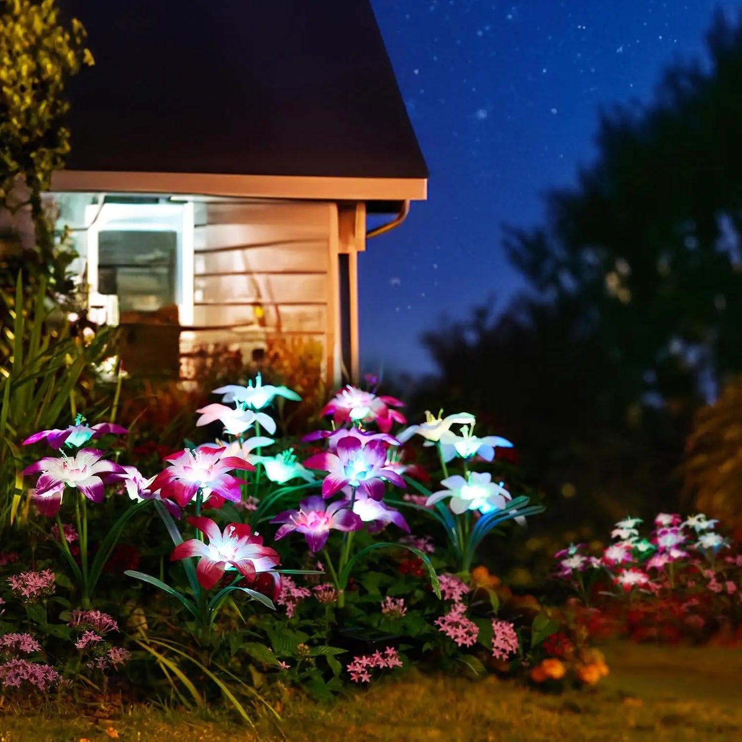 Upgraded Solar Lights 4-Pack | 24 RGB Blooming Lily + 7-Color Flower Lights | Yard/Patio Decor Gift